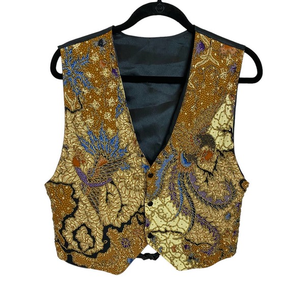 Kenar Other - Vintage 80s Ann Tjian for Kenar Batik Beaded Phoenix Peacock Vest Mens Medium